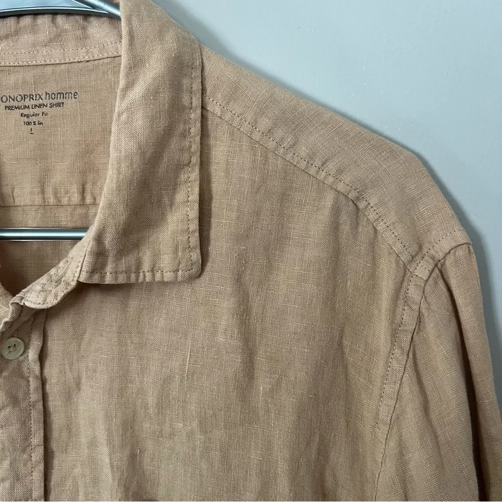Monoprix Homme Premium Linen Button Down Shirt Large Long Sleeve Neutral Staple